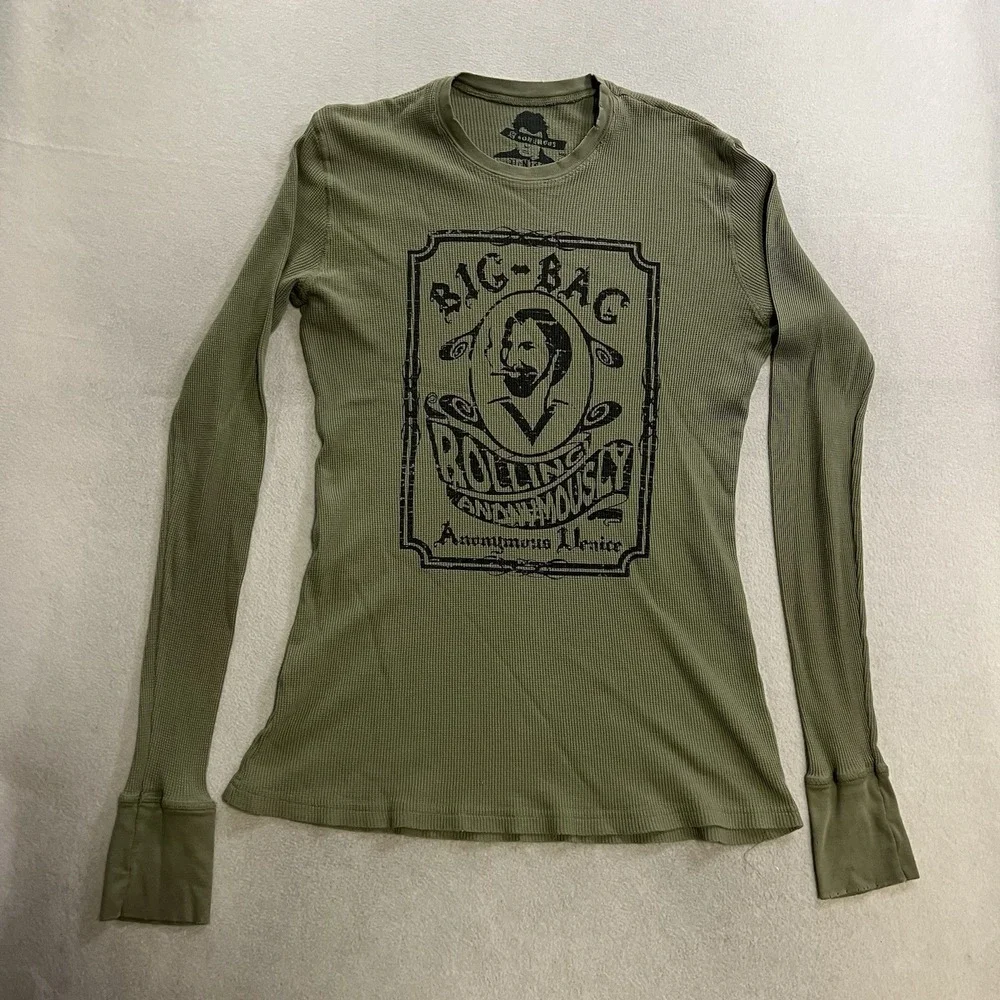 Vintage Anonymous Venice Big Bad Man Thermal Shirt Adult Size Large Green STAINS